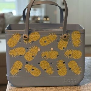 Large BOGG BAG Blue Tote with Yellow Pineapples